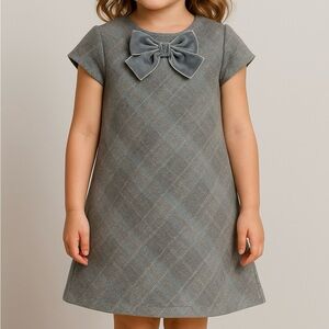 Confiture Girls' Gray Plaid Dress with Velvet Bow Detail (1099)